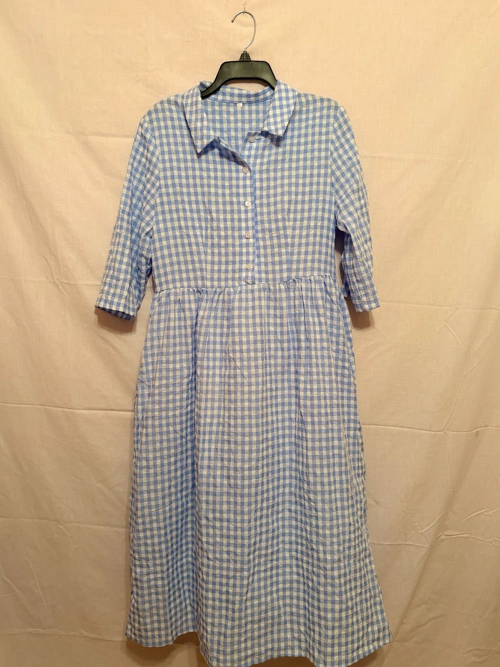 Blue Gingham Maxi Dress with Collar